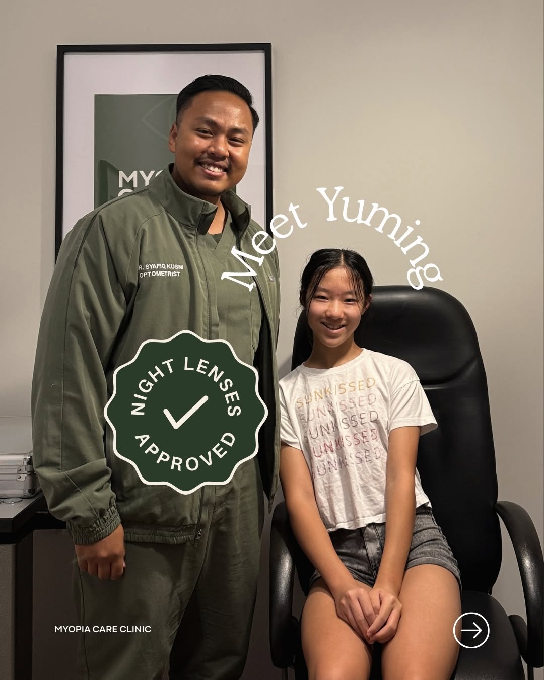 Optometrist Dr. Syafiq Kusni with patient Shae showing the Night Lenses Approved badge