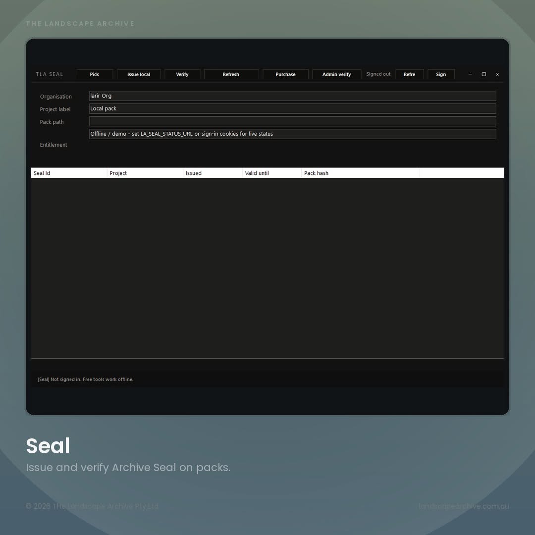 Screenshot of the Landscape Archive Seal desktop application for issuing and verifying data pack attestation