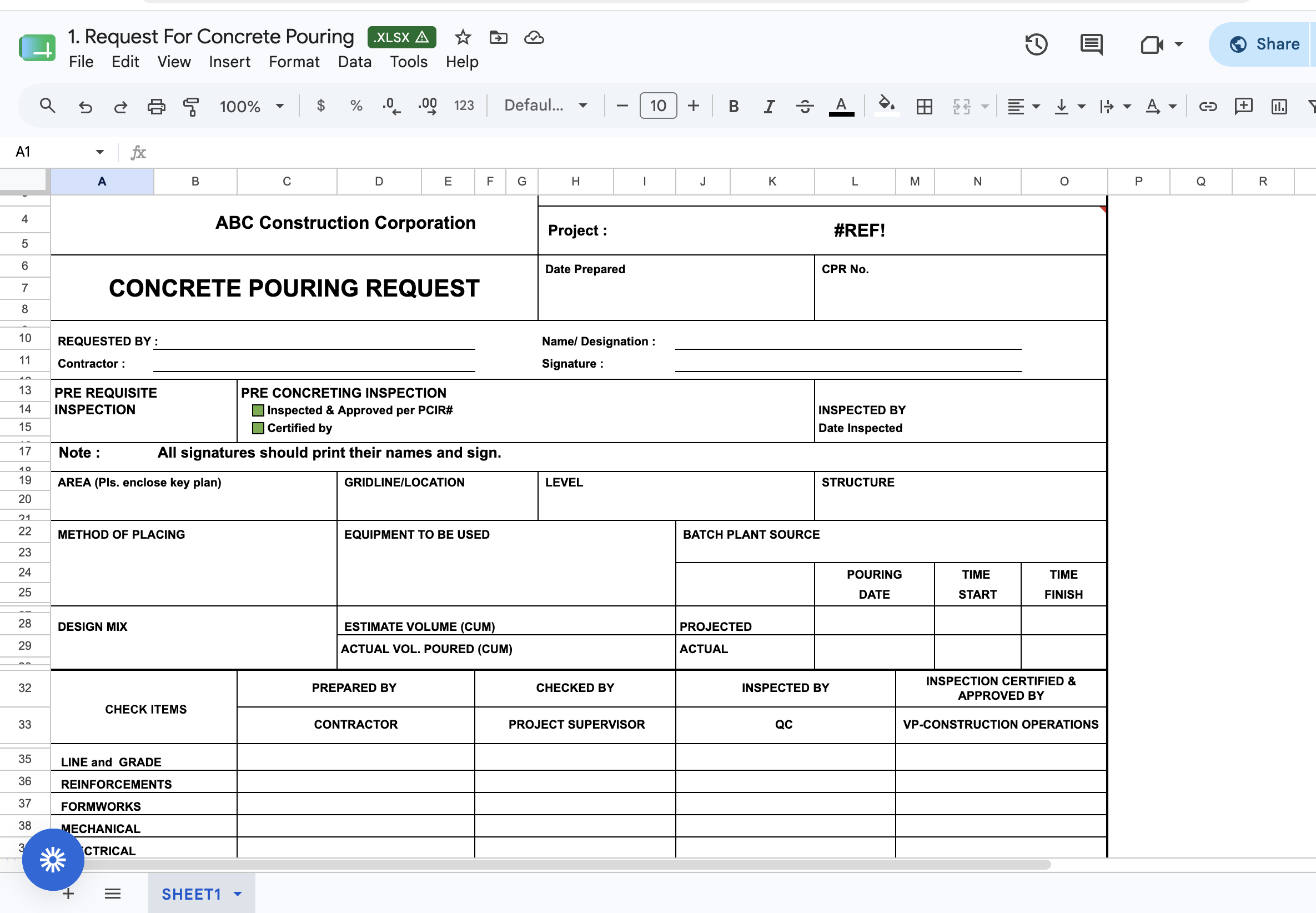 Concrete Pouring Request form — CPR template for construction site quality control