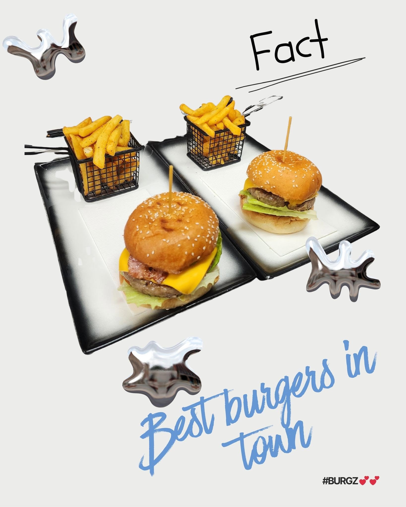 Two burger and fries baskets on a wooden board with the text Best burgers in town