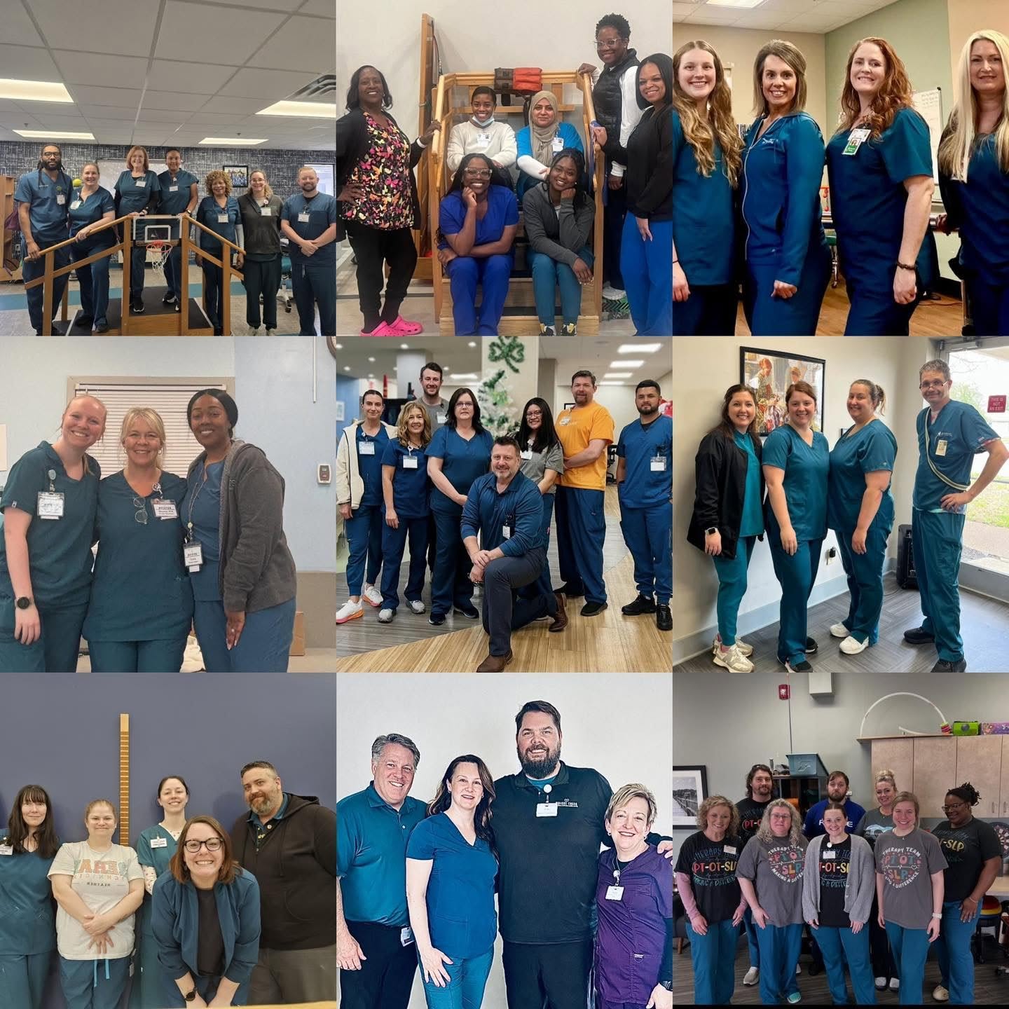 Collage of multiple Ahava Therapy Services teams at various care facilities