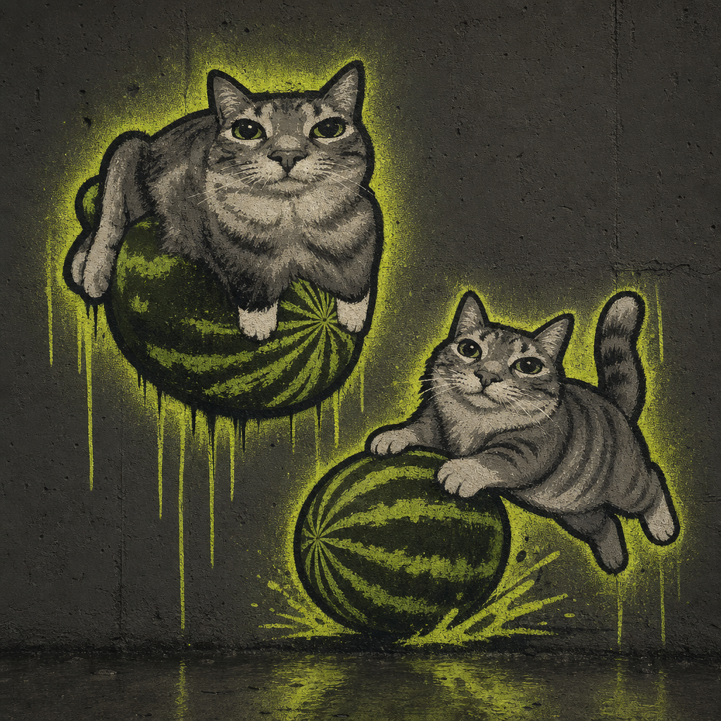 Sprayed double mural: one cat curled on a melon, a second cat leaping onto another melon below