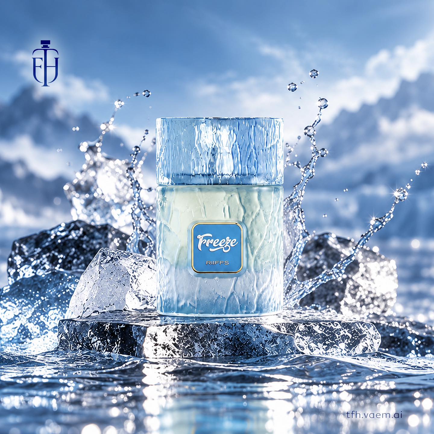 Pale blue textured perfume bottle surrounded by ice and splashing water