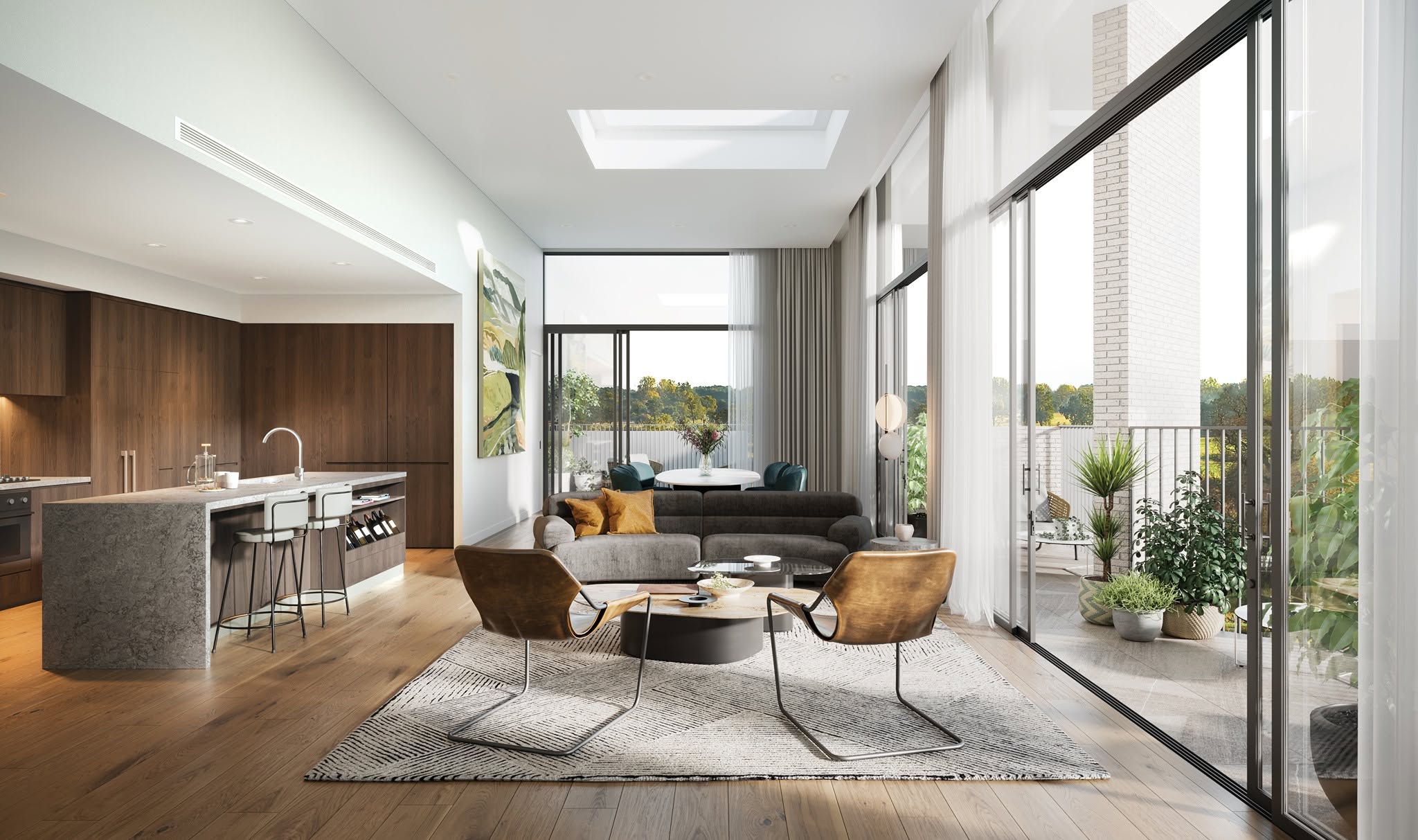 Luxury apartment interior with open-plan living, modern kitchen and private balcony