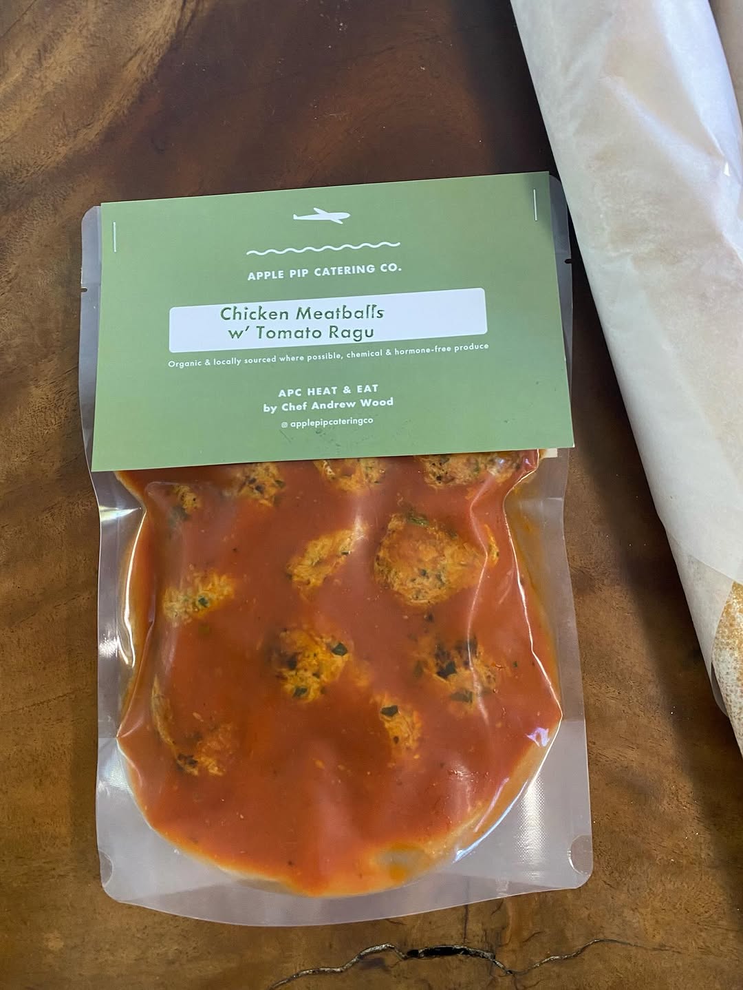 Apple Pip Catering Co chicken meatballs in tomato ragu – branded heat-and-eat pouch