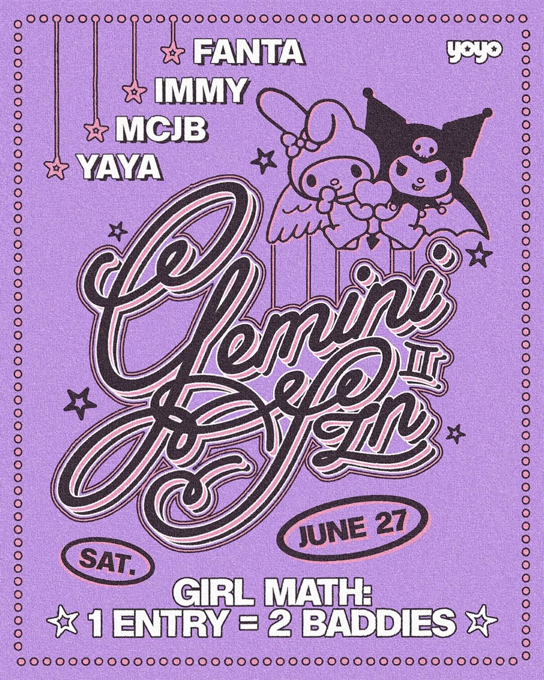 Yoyo Shisha Lounge event poster — Gemini Season II, Saturday June 27. Purple illustrated event flyer.