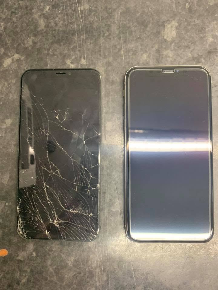 Two smartphone screens side by side — one cracked, one brand new replacement