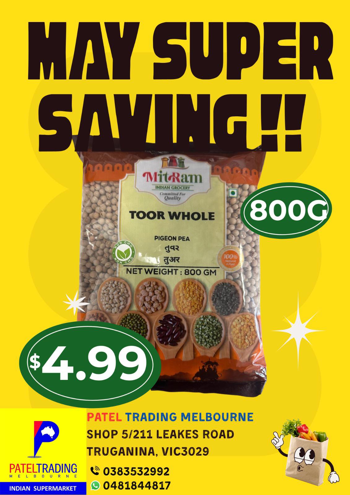 MitRam Toor Whole (Pigeon Pea) 800g – May Super Saving deal at Patel Trading Melbourne