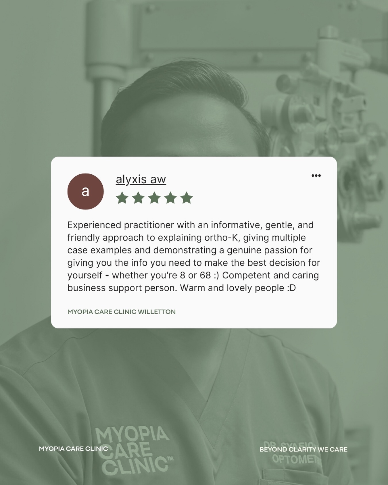 Patient Shae holding her Ortho-K lens container with the Myopia Care Clinic logo framed on the wall behind her