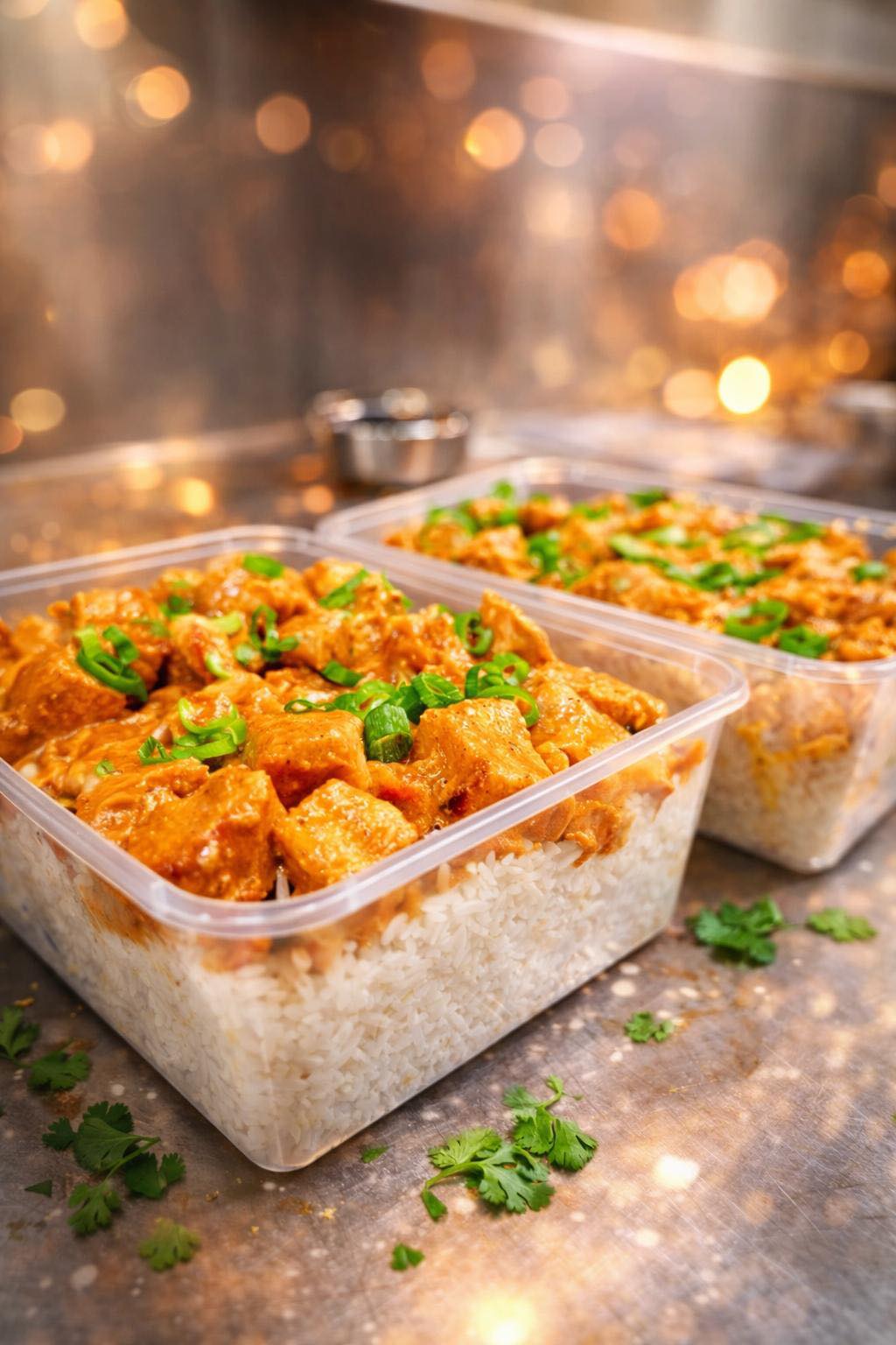 Takeaway containers filled with creamy butter chicken curry and white rice, garnished with spring onions and cilantro