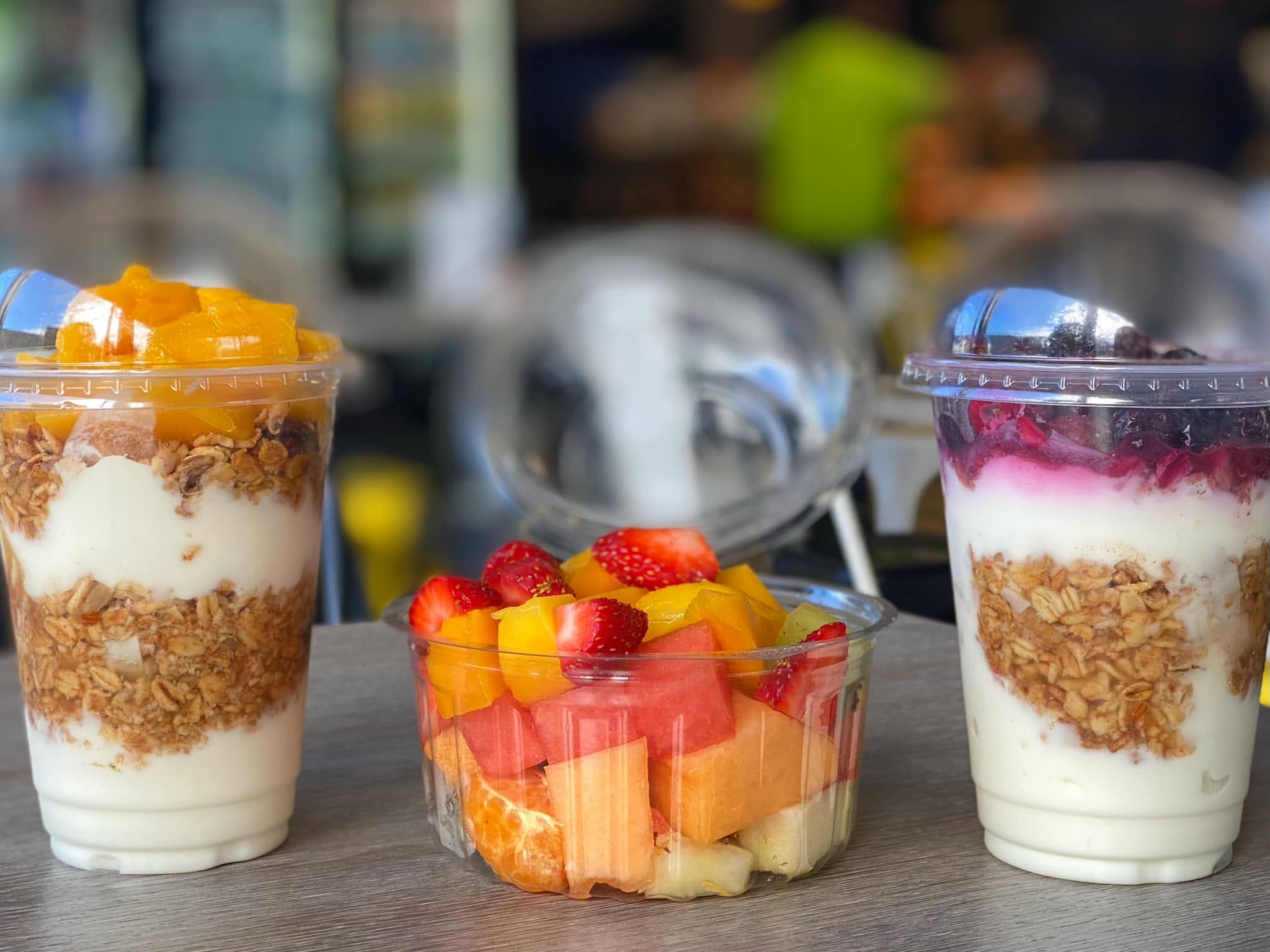 Fresh fruit salad and granola parfait cups at Jorge's Cafe