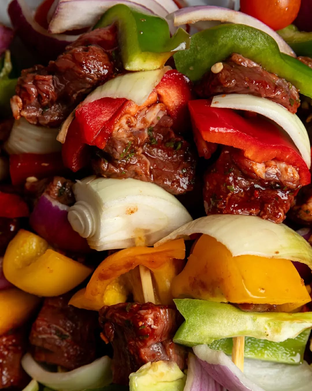 Freshly prepared beef kebabs with colourful vegetables at The Butchers Table
