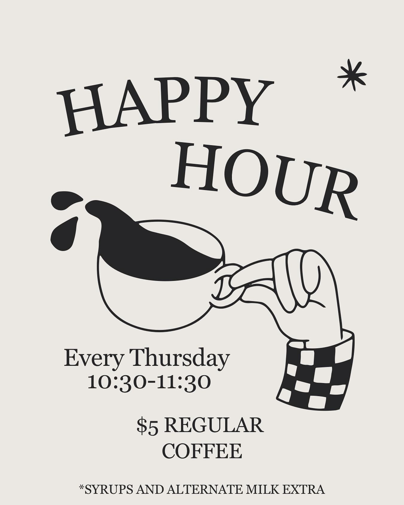 Hygge Cafe Happy Hour promotional poster — bold retro illustration with hand holding a coffee cup, every Thursday 10:30–11:30 for $5 regular coffee
