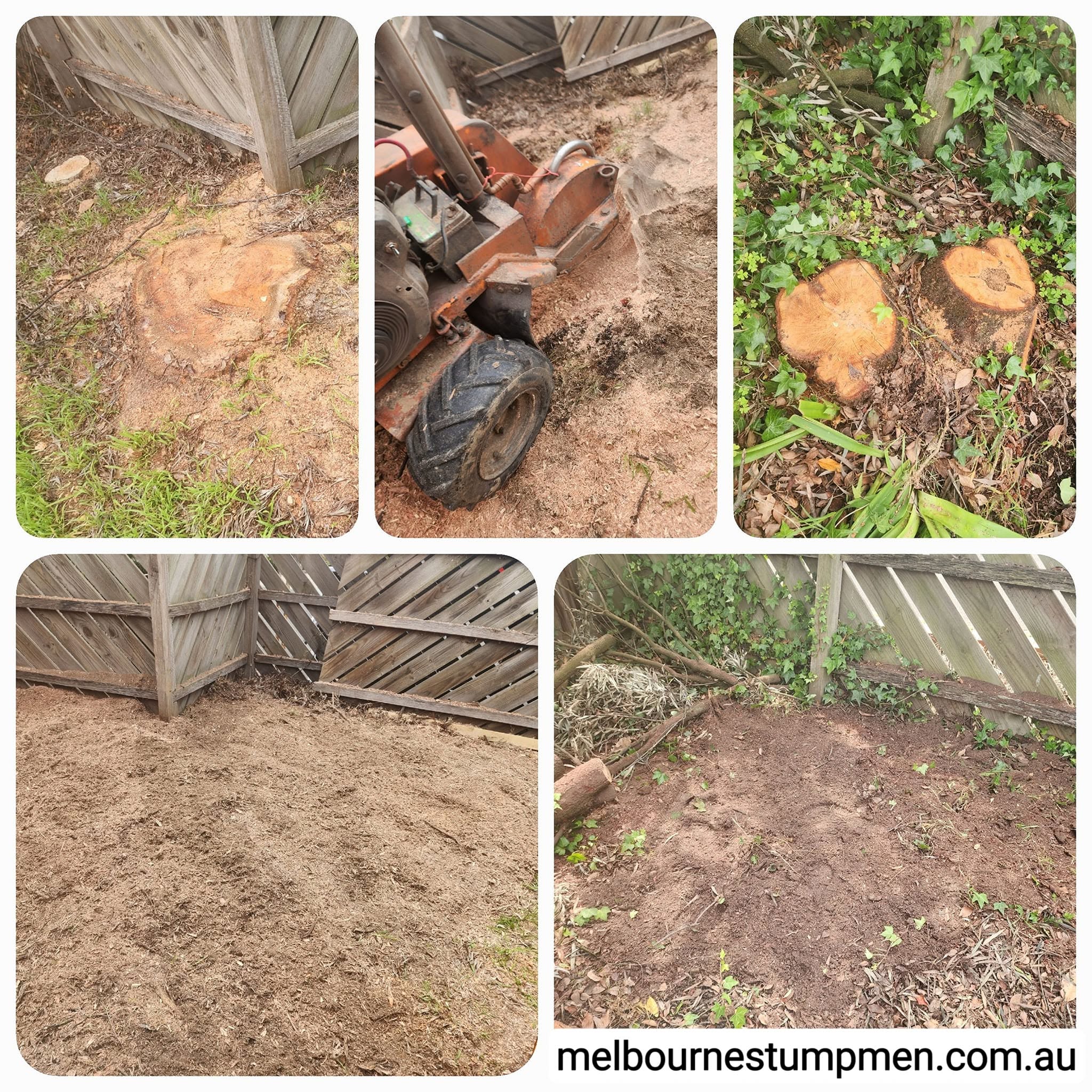 Stump grinding equipment clearing tree stumps in a garden