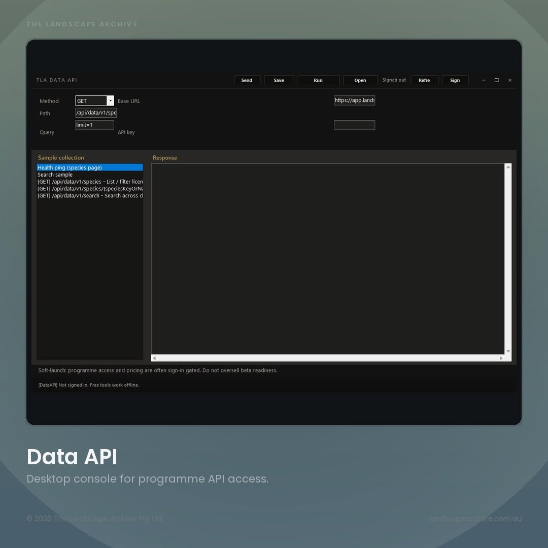 Screenshot of the Landscape Archive Data API desktop console showing sample requests and responses