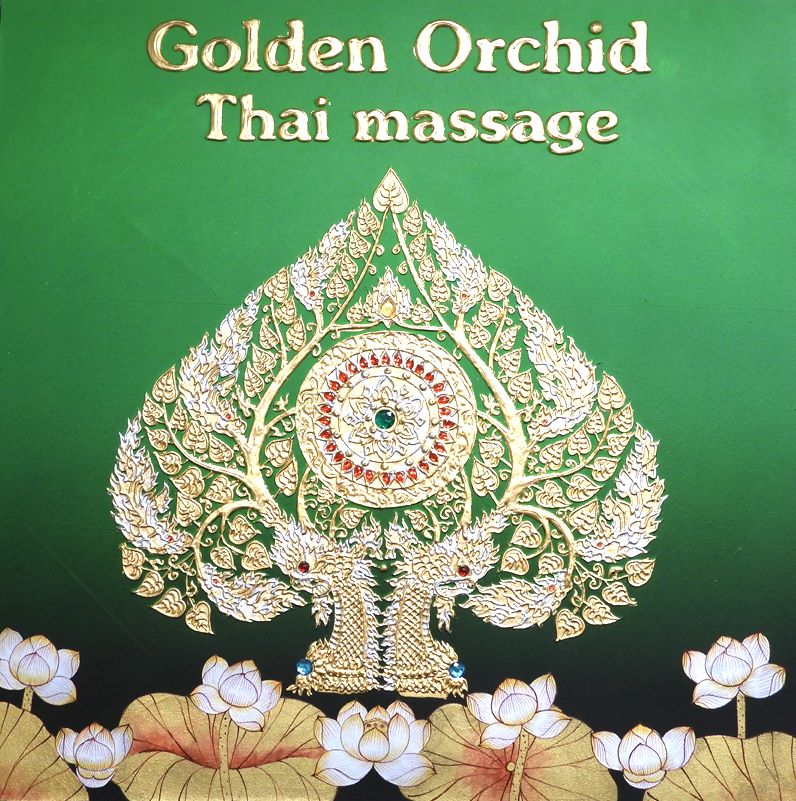 Golden Orchid Thai Massage logo artwork – gold Bodhi tree on deep green background