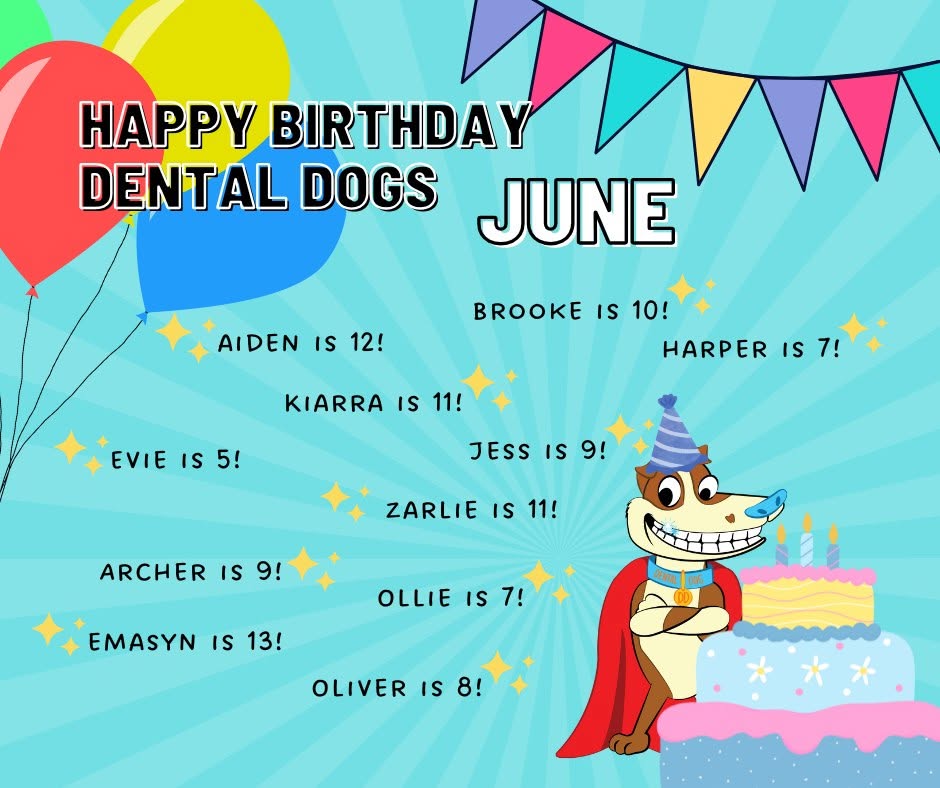 Dental Dog kids program birthday celebrations — the superhero Dental Dog mascot