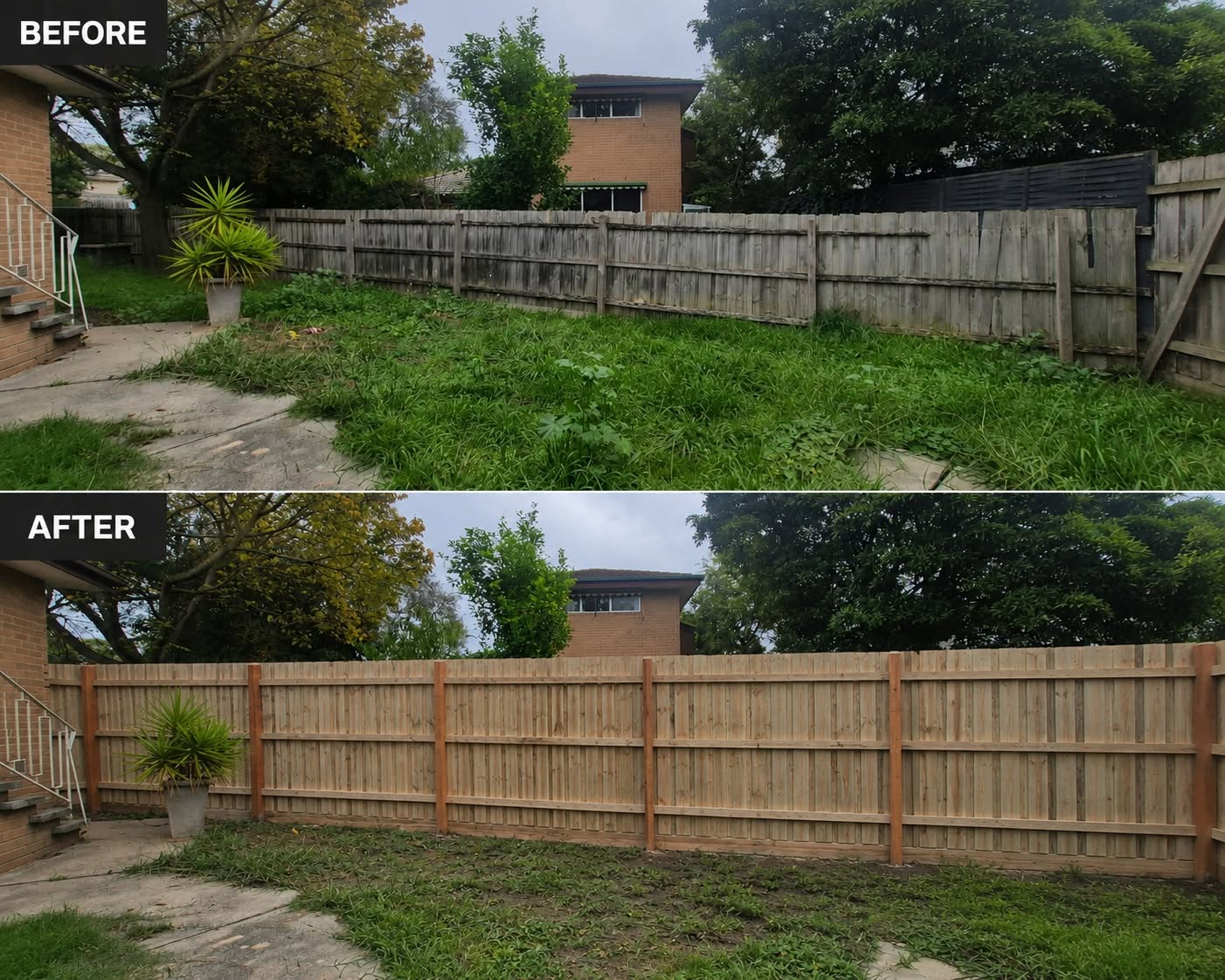Before and after timber paling fence replacement by K and Co Fencing