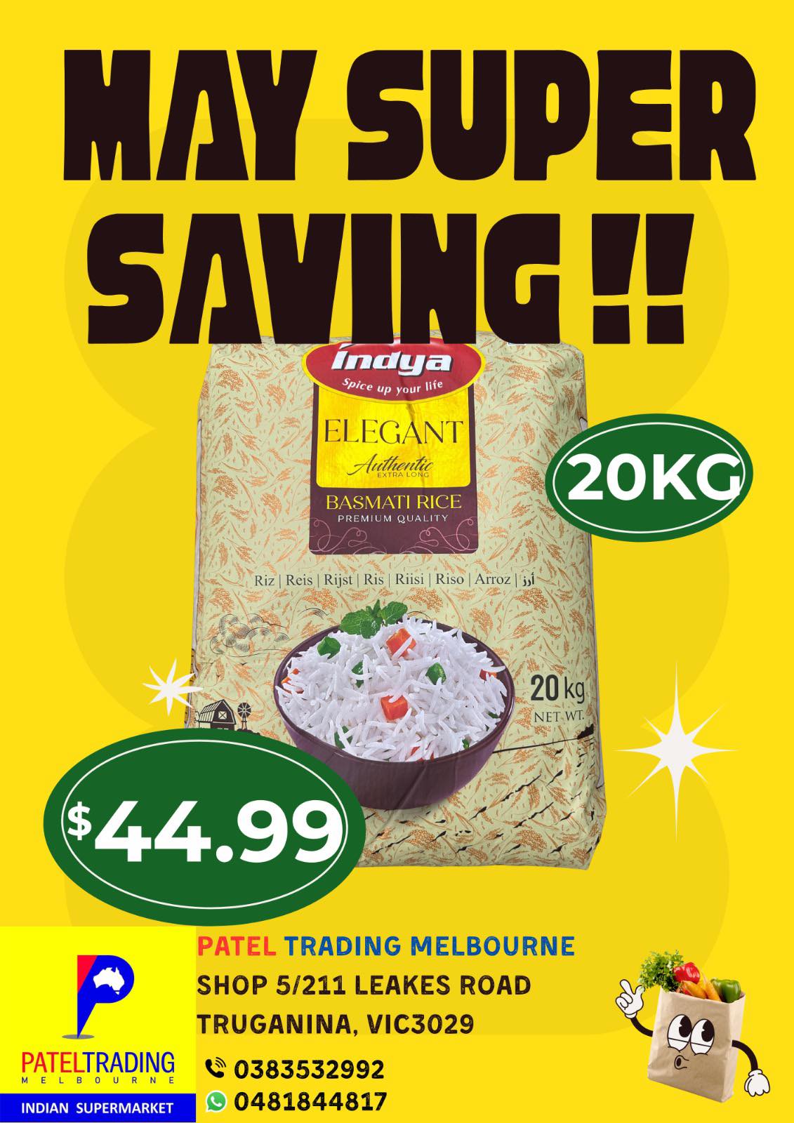 Indya Elegant Authentic Extra Long Basmati Rice 20kg – May Super Saving at Patel Trading Melbourne