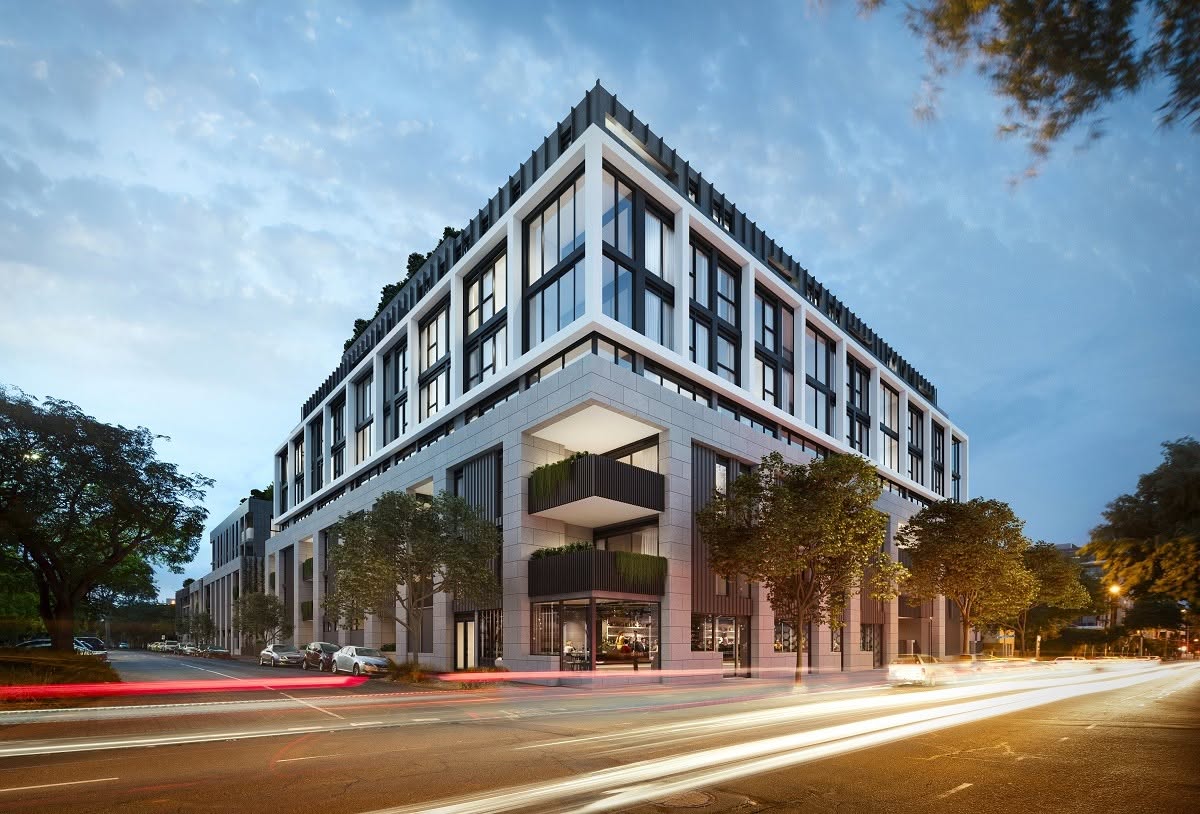 Modern mixed-use development building in inner Melbourne at dusk