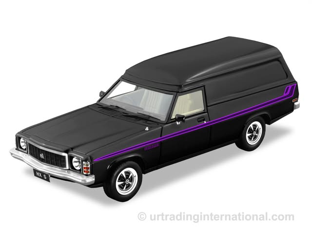 Holden HX Sandman panel van in black with purple stripe die-cast model