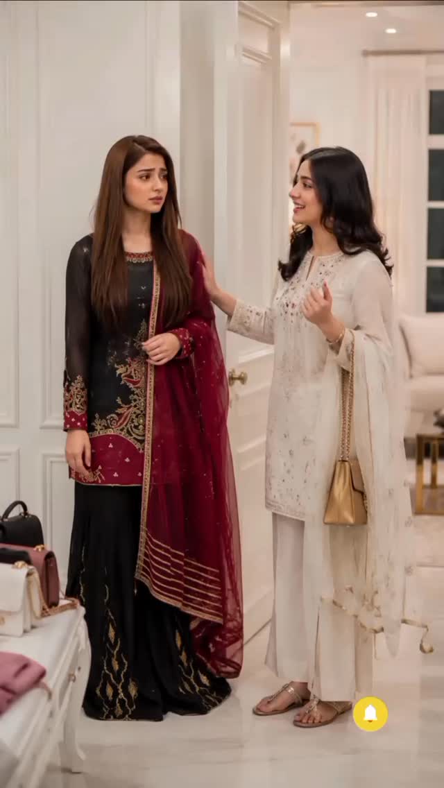 Two women in traditional South Asian attire at a cultural event