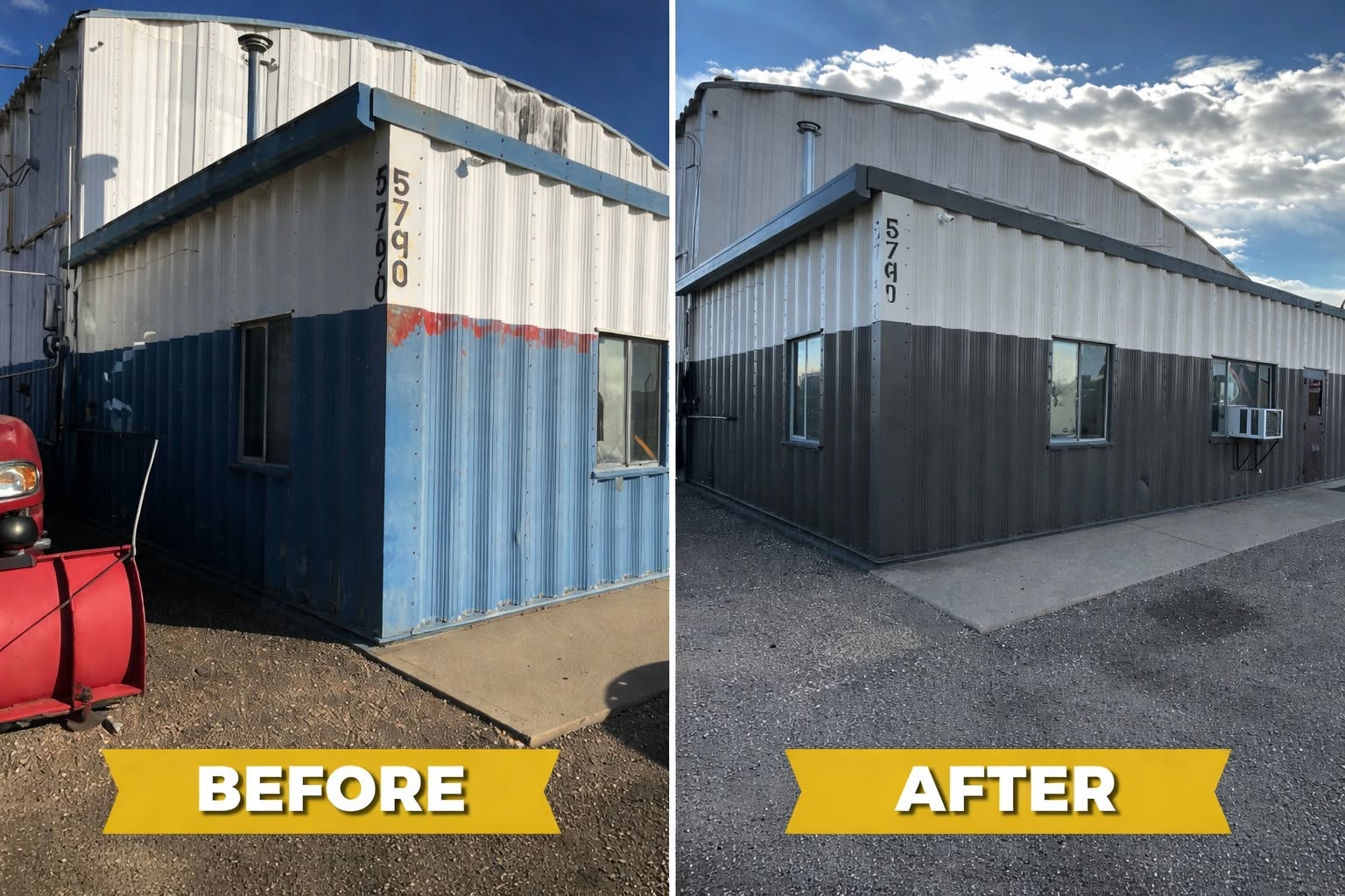 Before and after comparison of a commercial metal cladding building exterior repainted from faded blue to clean grey
