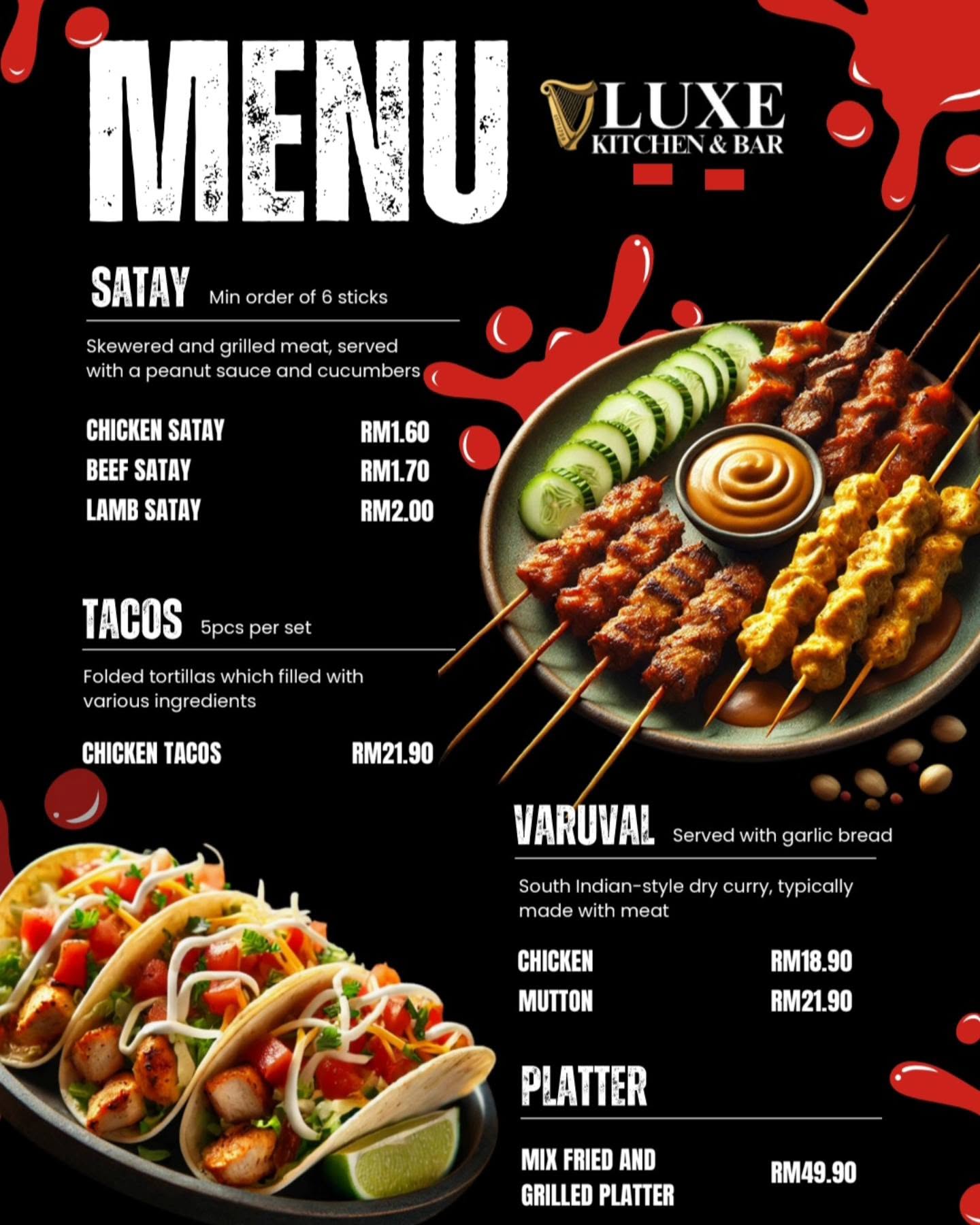 LUXE bar menu showing satay skewers, chicken tacos and sharing platters