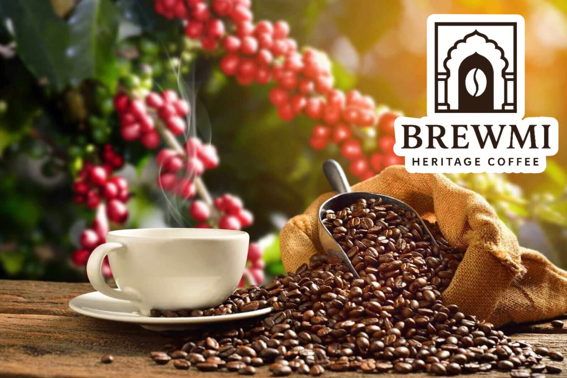 Steaming coffee cup beside a burlap sack of roasted coffee beans, with coffee cherry plants in the background