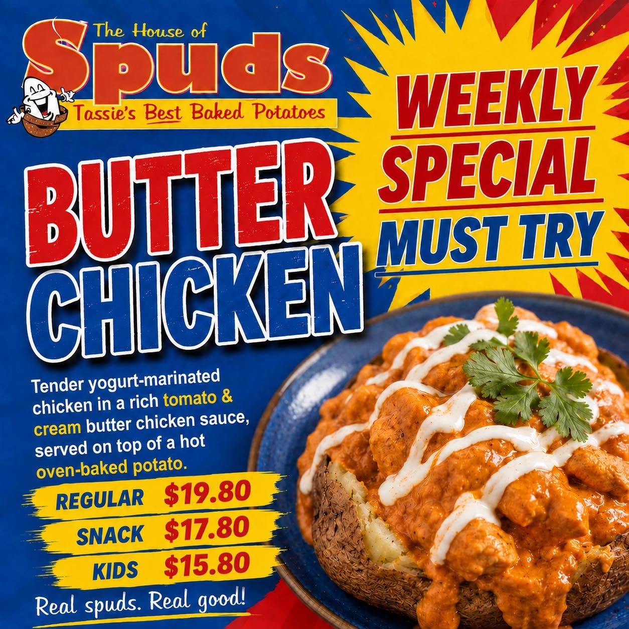 Butter chicken baked potato promotional image from The House of Spuds