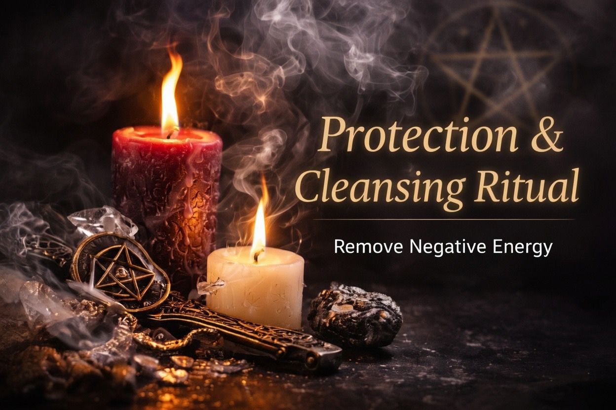 Red and cream ritual candles with pentagram gold amulet stones and rising smoke