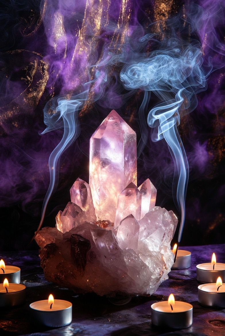 Glowing rose quartz crystal cluster with candles and blue smoke