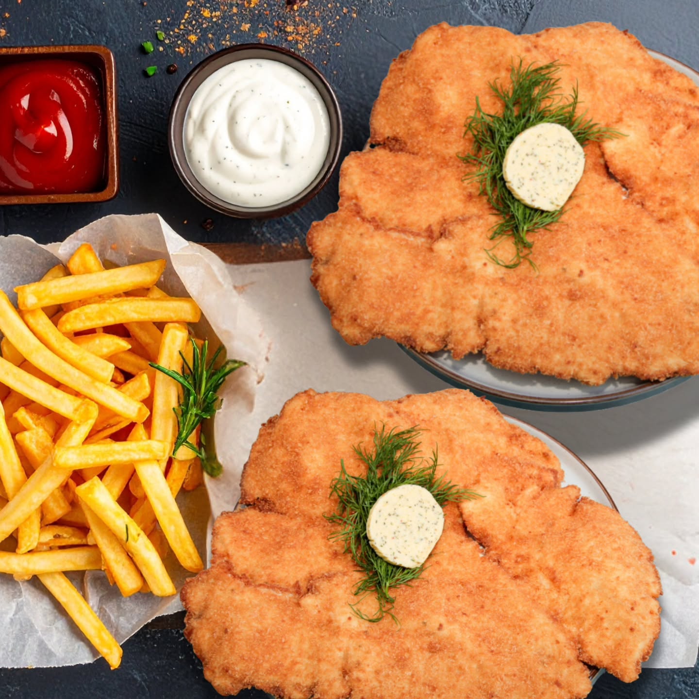 Two golden chicken schnitzels on plates with chips, ketchup, and sauces