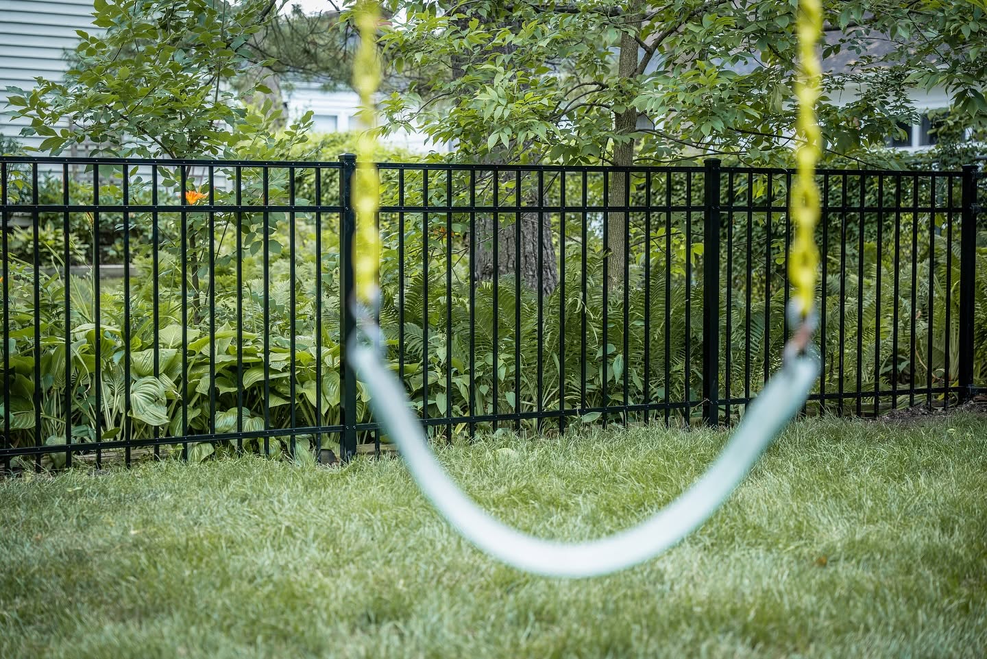 Black steel fence in a backyard viewed from beside a swing set with trees behind