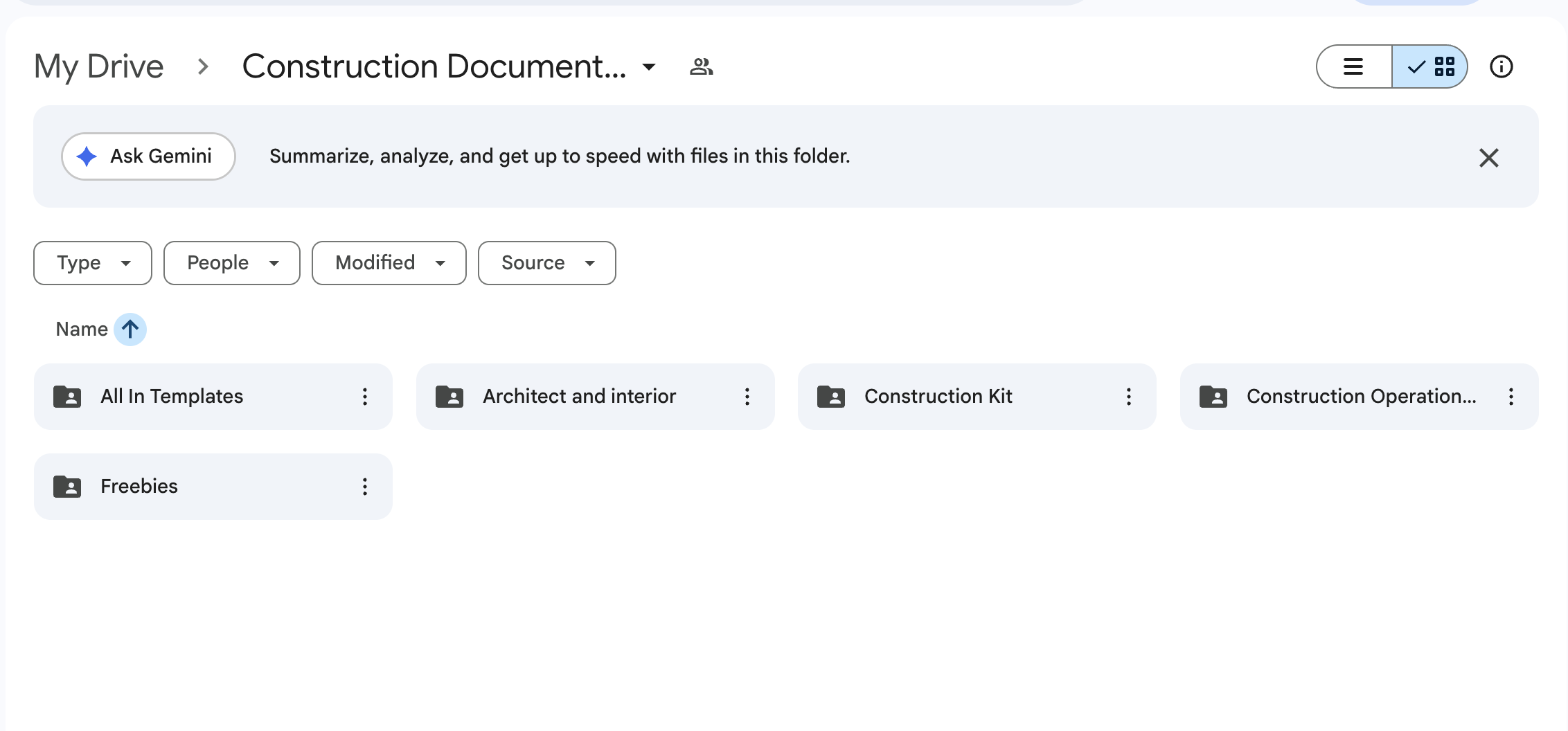 ConstructDocs Google Drive — top-level folders: All In Templates, Architect and Interior, Construction Kit, Construction Operations, Freebies