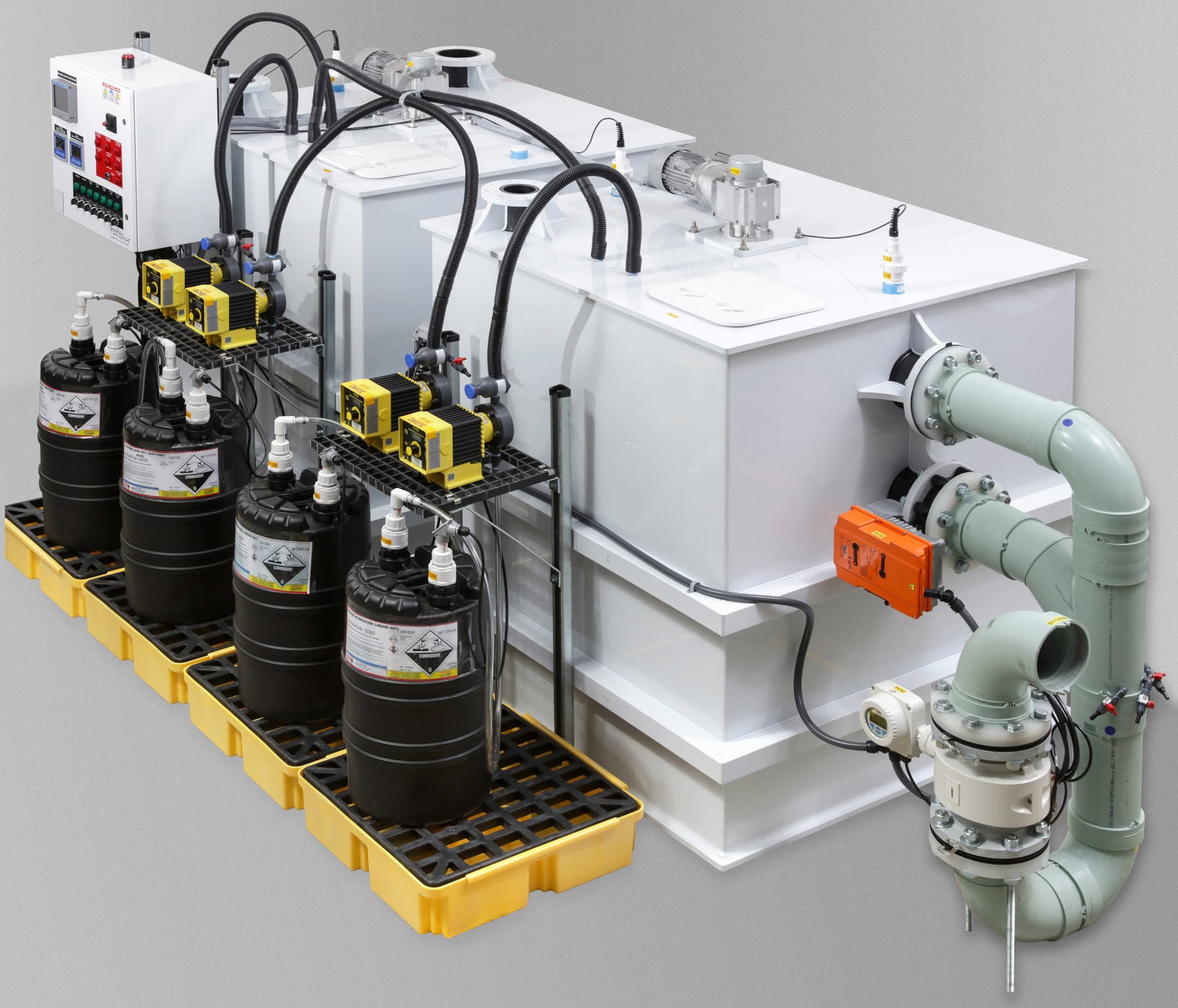 Custom industrial chemical dosing system with pumps and containment pallets