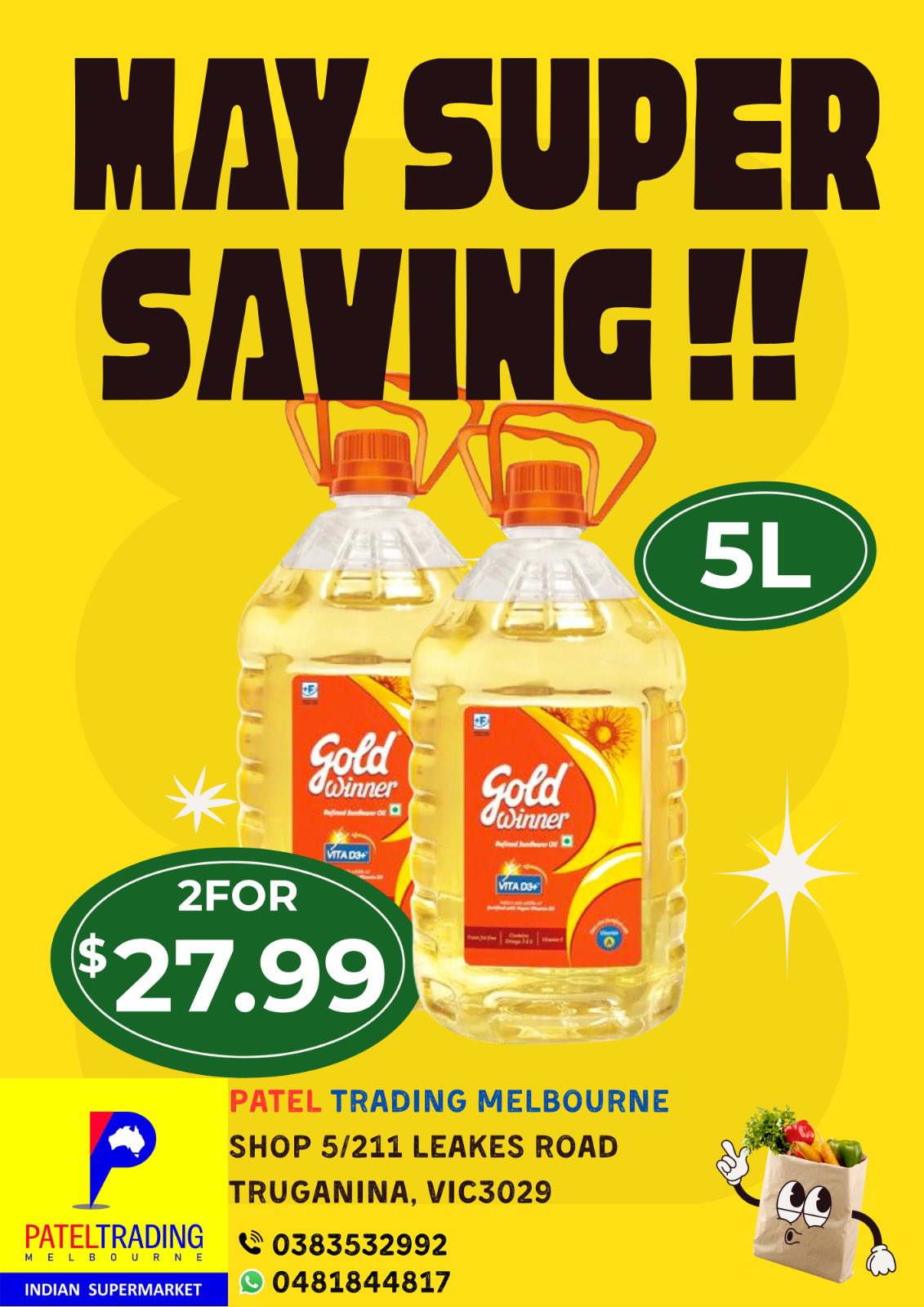 Gold Winner Refined Sunflower Oil 5L – May Super Saving deal at Patel Trading Melbourne