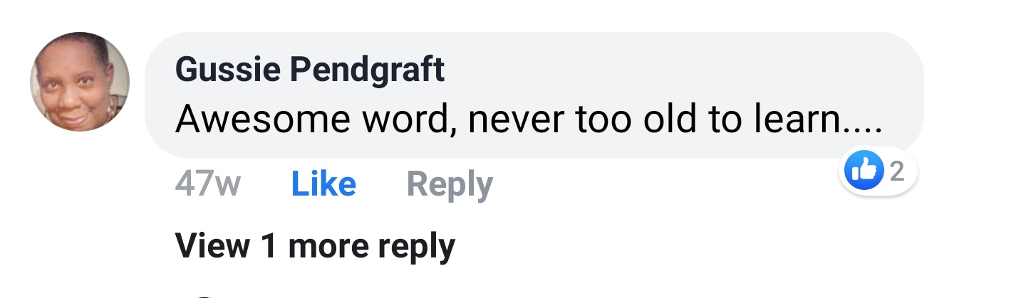 Gussie Pendgraft Facebook comment: Awesome word, never too old to learn....