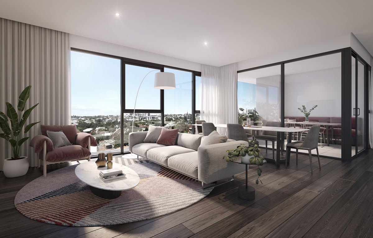 Bright open-plan apartment living room with city views — Richmond VIC property