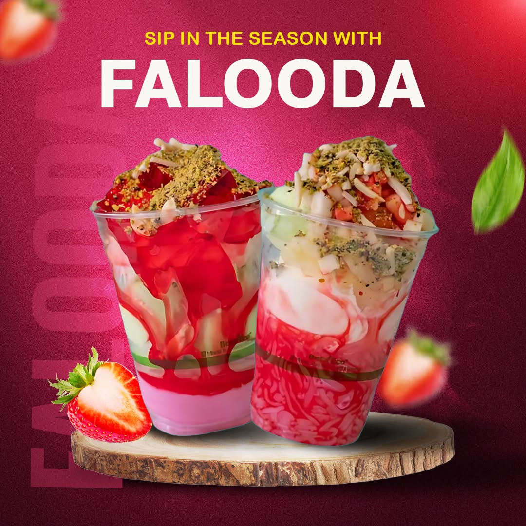 Falooda dessert drinks layered with rose syrup and pistachio crumble