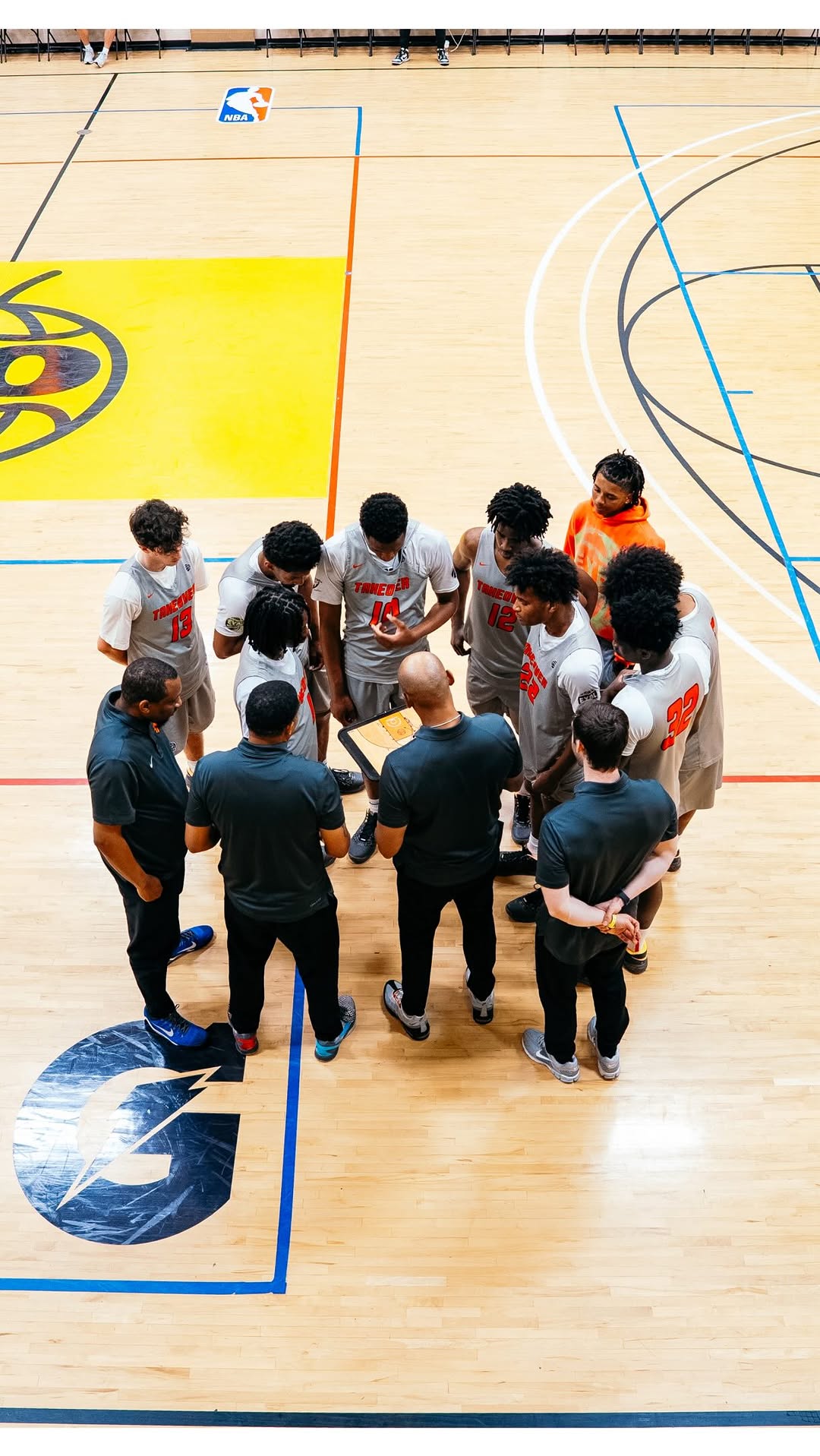 Basketball team huddle on an NBA court viewed from above