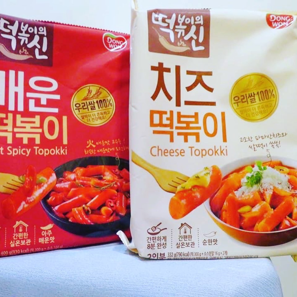 Packets of Korean topokki rice cake snacks