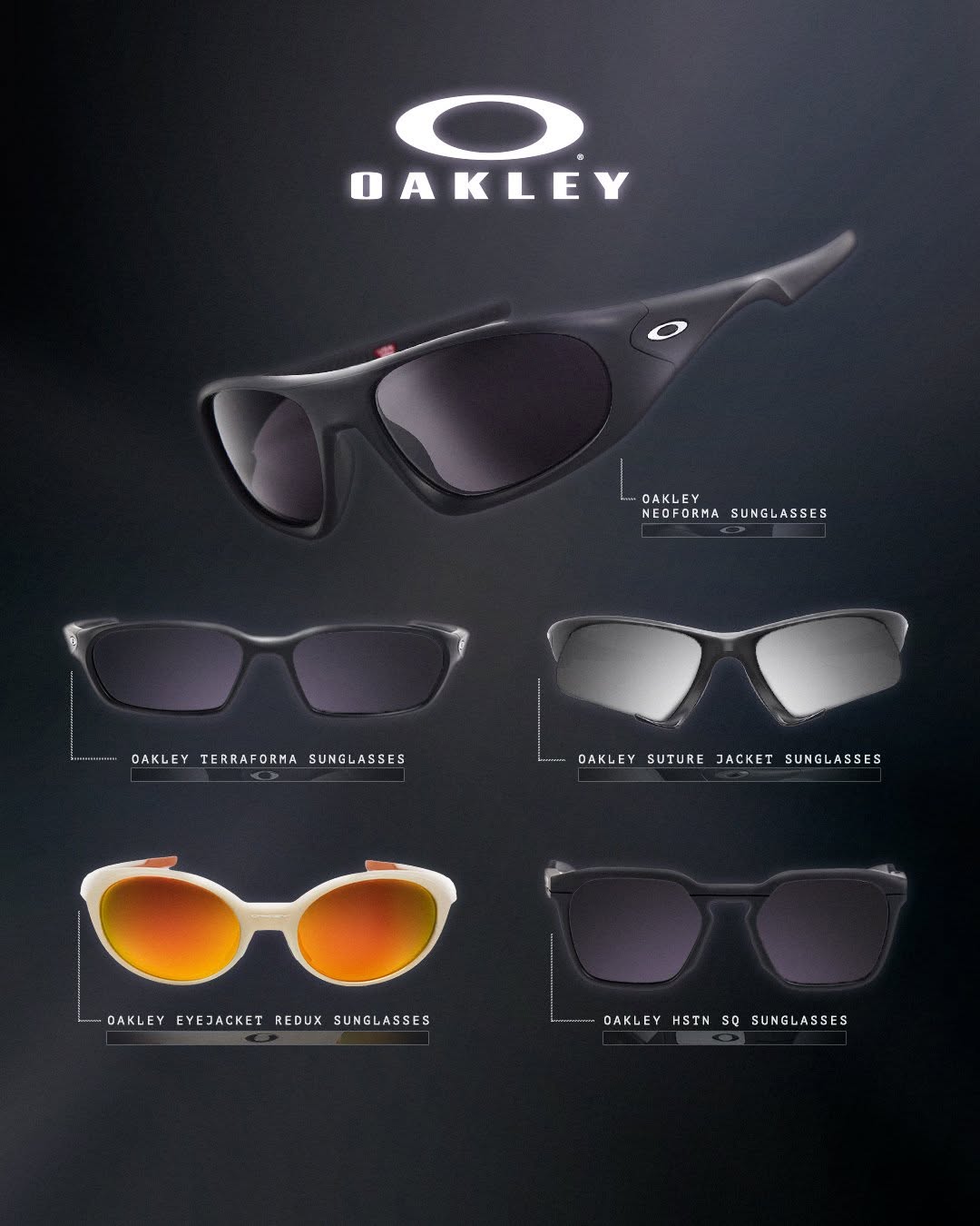 Oakley sunglasses product range displayed on dark background including multiple frame styles