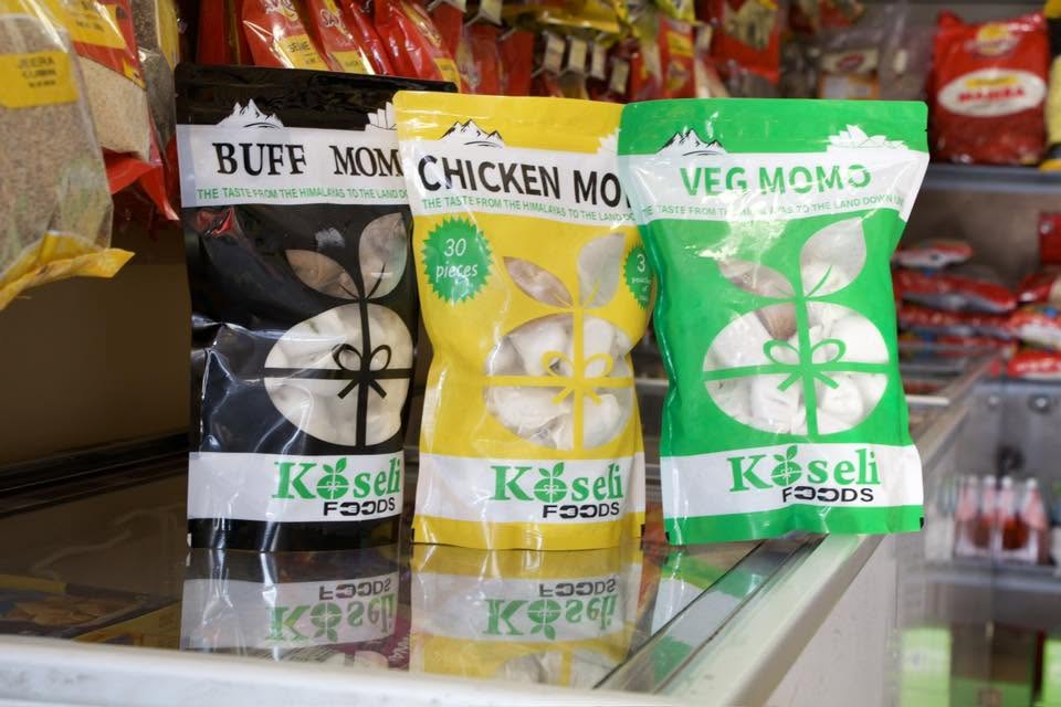 Packets of momo and grocery products on display at RB Mini Mart