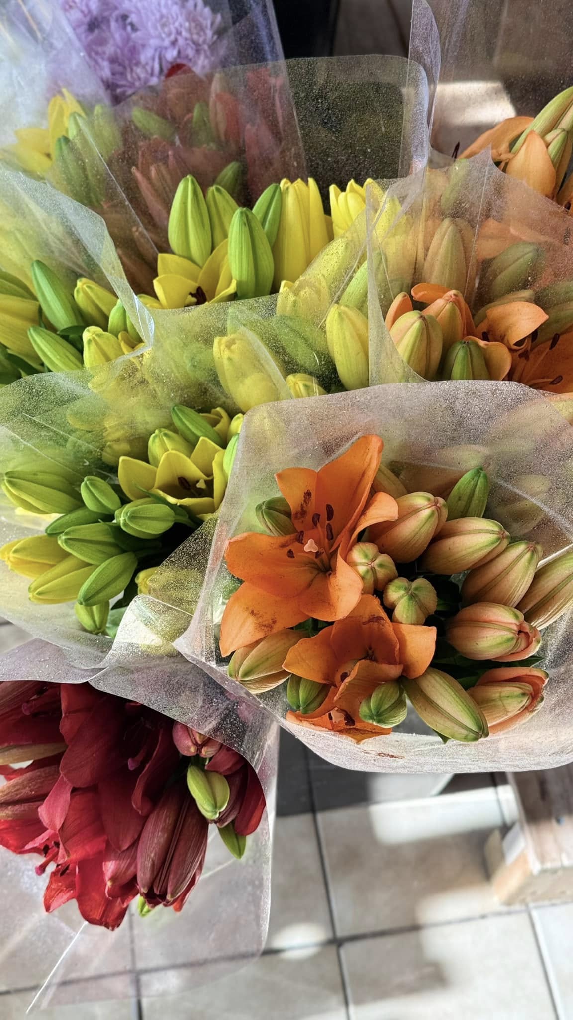 Bouquet of orange and yellow lilies wrapped for sale