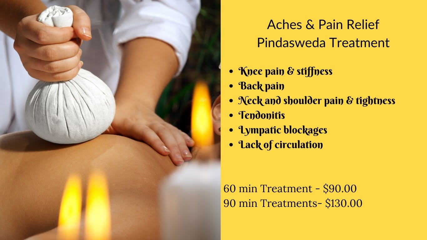 Pindasweda herbal bolus massage — heated herbal poultice applied to back for pain relief