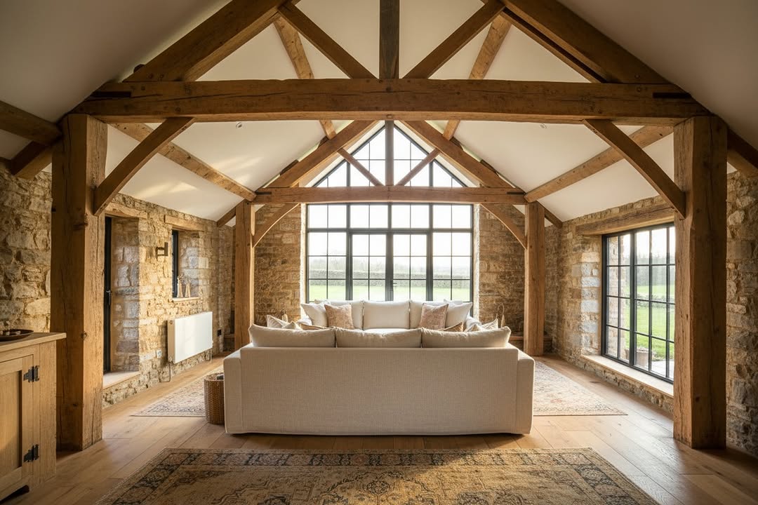 Heritage barn conversion featuring salvaged timber beams, stone walls and period windows