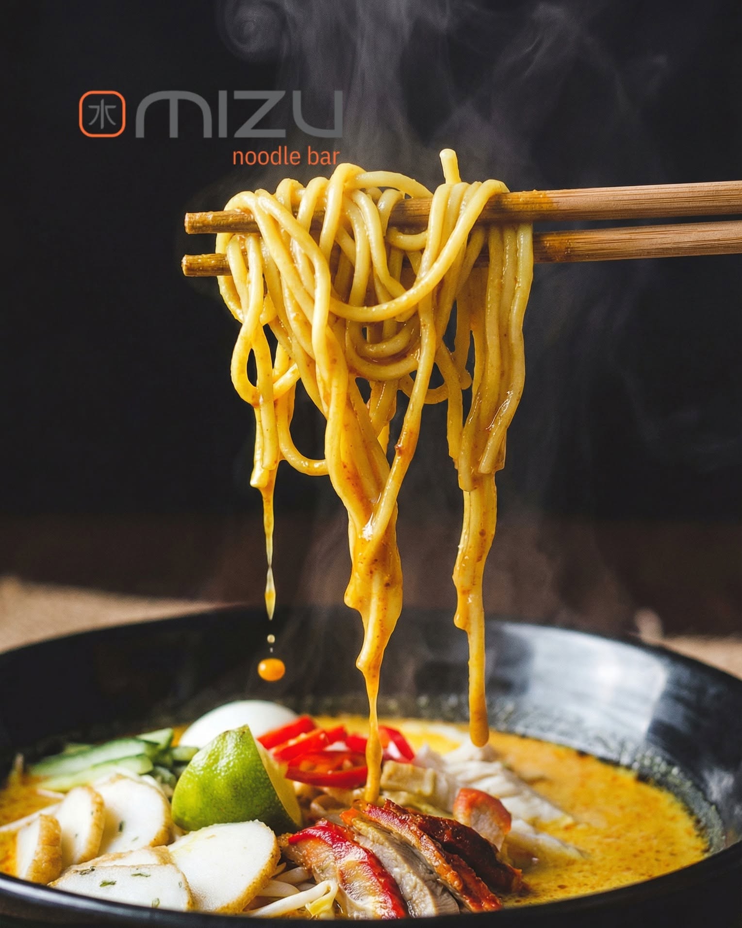 Steaming ramen noodles lifted with chopsticks