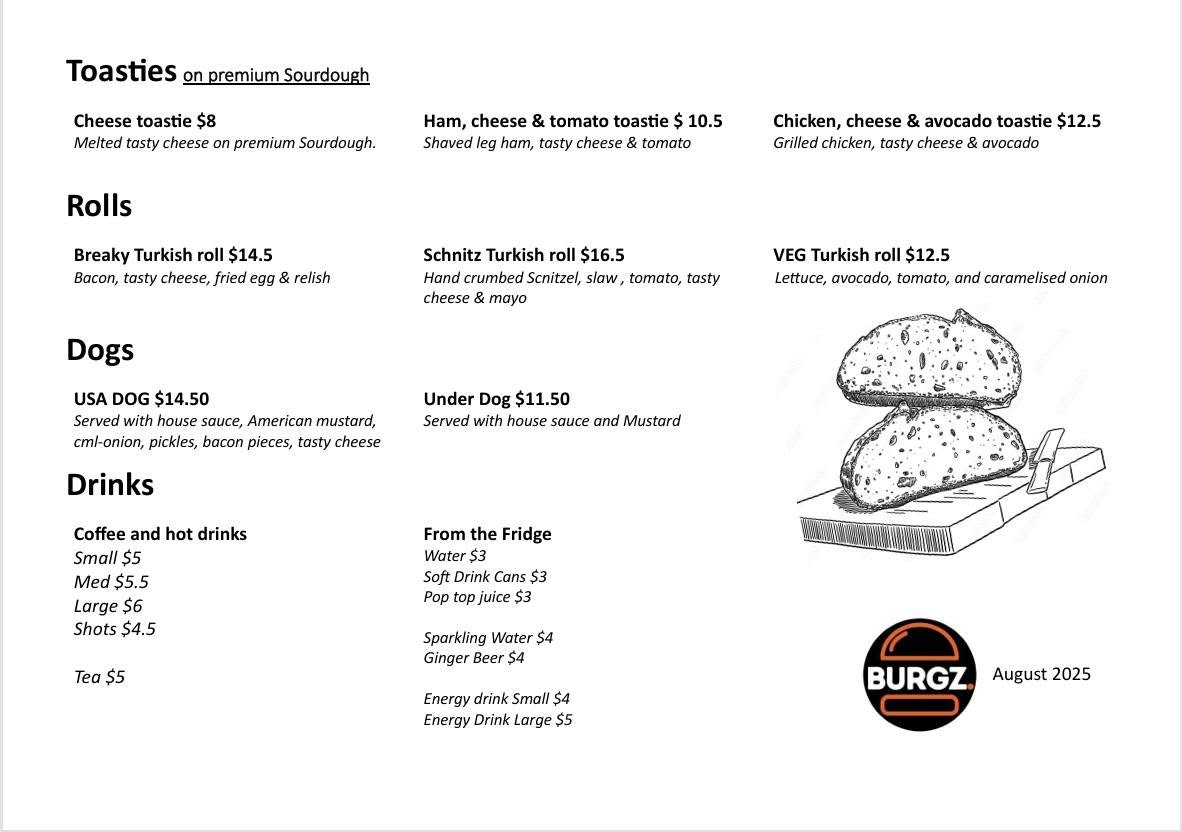 BURGZ toasties, rolls, dogs and drinks menu page listing options and prices