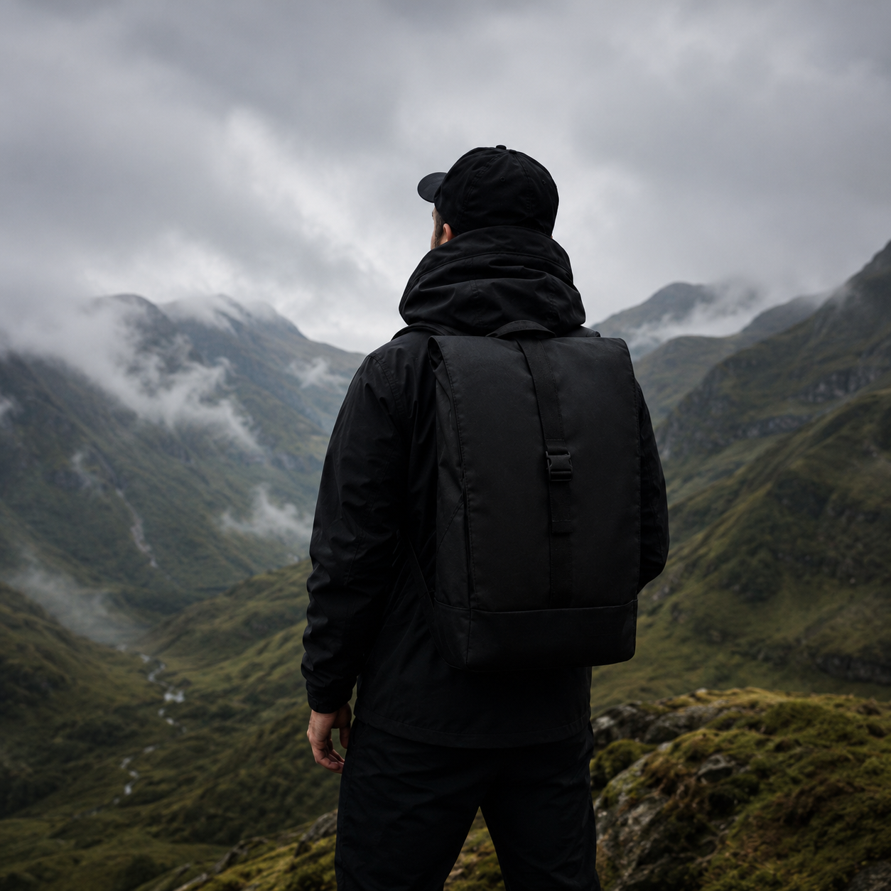 Person in all-black with backpack standing on misty mountain ridge looking at cloudy valley